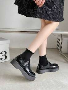 3 Pairs Women's Ruffle Trim Mid-Calf Socks, Suitable For Loafers And Flats, Solid Color Socks For Back To School, Japanese Style