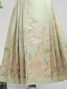 1 件现代中国汉服，复古风格绿色琵琶刺绣腰部收腰中长连衣裙，适合成人中国文化爱好者