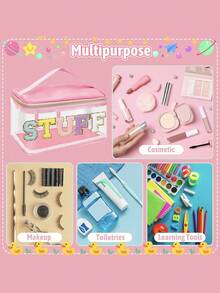 1pc Girls Letter Clear Makeup Bags, Preppy Pink Hair Bag Chenille Patch Makeup Bag Travel Cosmetic Bag With Handle Zipper Waterproof TPU Hair Accessories Organizer Pouch For Girls - Transparent - View 4