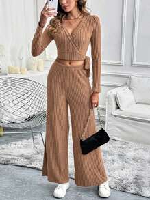 Fashion Women's Autumn And Winter Long Sleeved Set With Solid Color Texture, Basic And Versatwomen's Two Pieces Set