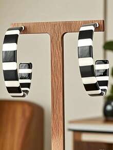2pcs Casual Women C-Shaped Hoop Earrings, Black And White Zebra Stripe Acrylic, Fashionable Jewelry For Party And Everyday - 彩色 - 查看 2