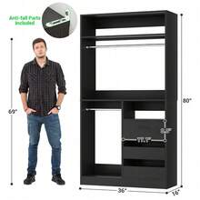 Freestanding Closet System With 2 Hanging Rods & 3 Open Drawers & 3 Shelves - 黑色 - 查看 6