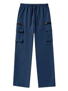 Men's Outdoor Trekking, Fishing, Camping, Mountain Climbing, Fitness, Running, And Casual Fashion Workwear Zipper Large-Pocket Elastic Waistband Slant-Pocket Straight-Leg Gray Pants - Royal Blue - View 4