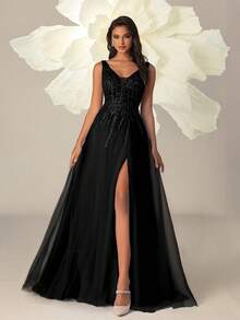 VIPGIRL Đầm dạ hội maxi đen cổ chữ V xẻ cao đính sequin xuyên thấu, đầm dự tiệc sang trọng thanh lịch dành cho nữ, đầm dự tiệc, đầm dài nữ, đầm maxi, đầm dạ hội, đầm dự đám cưới, đầm trang trọng mùa xuân - màu đen - Xem 2