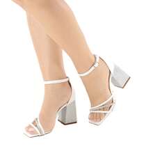 Women's Sandals, Block Heel, Rhinestone, Shiny, Straps, Billiards, Party, Wedding - White - View 3