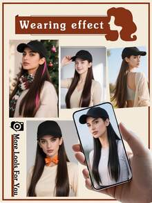 棒球帽配长直合成假发 - 24英寸内置假发帽，二合一防晒，适合女性，圣诞派对日常装扮皆宜 - 彩色 - 查看 3