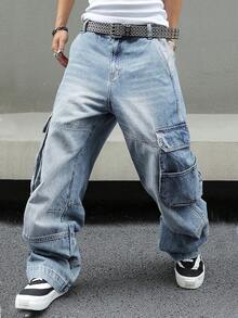 Men's Baggy Denim Cargo Pants Loose Fit Streetwear Wide Leg Workwear Style With Large Side Pockets - 淺色水洗藍 - 查看 2