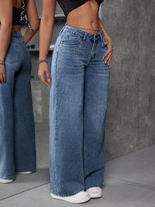 百搭休闲时尚春秋休闲优雅牛仔学院风度假日常旅行机场女式蓝色直筒牛仔裤 - 深色水洗藍 - 查看 2