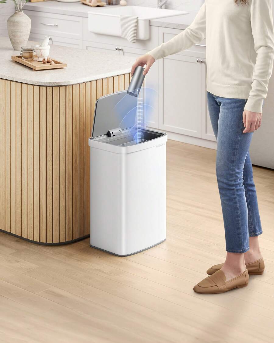 SONGMICS 13-Gallon Motion Sensor Trash Can, Stainless Steel, Carbon Filters, Soft Close - White - View 1