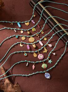 1 件不锈钢材质休闲海滩度假风格海洋生物太阳龟星花吊坠珍珠吊坠编织织物链女士项链，高品质，镀 18K 金，防水防汗，适合日常使用，是送给妻子、母亲和女朋友的最佳礼物