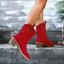 Women's Pointed Toe Mid-Calf Boots, Western Style Embroidery Thick Heel Boots,Women's Mid Calf Cowgirl Boots Cowboy Boots Pointed Toe Fashion Slip-On Chunky Heel Embroidery Stitched Western Boots - Màu Đỏ Sâu - Xem 2