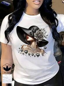 Camiseta de mujer blanca 100% algodón con elegante estampado de mujer noble, camiseta casual y cómoda de manga corta con cuello redondo, ropa de primavera y verano, adecuada para cualquier ocasión, color sólido, casual, uso diario. - Blanco - Ver 1