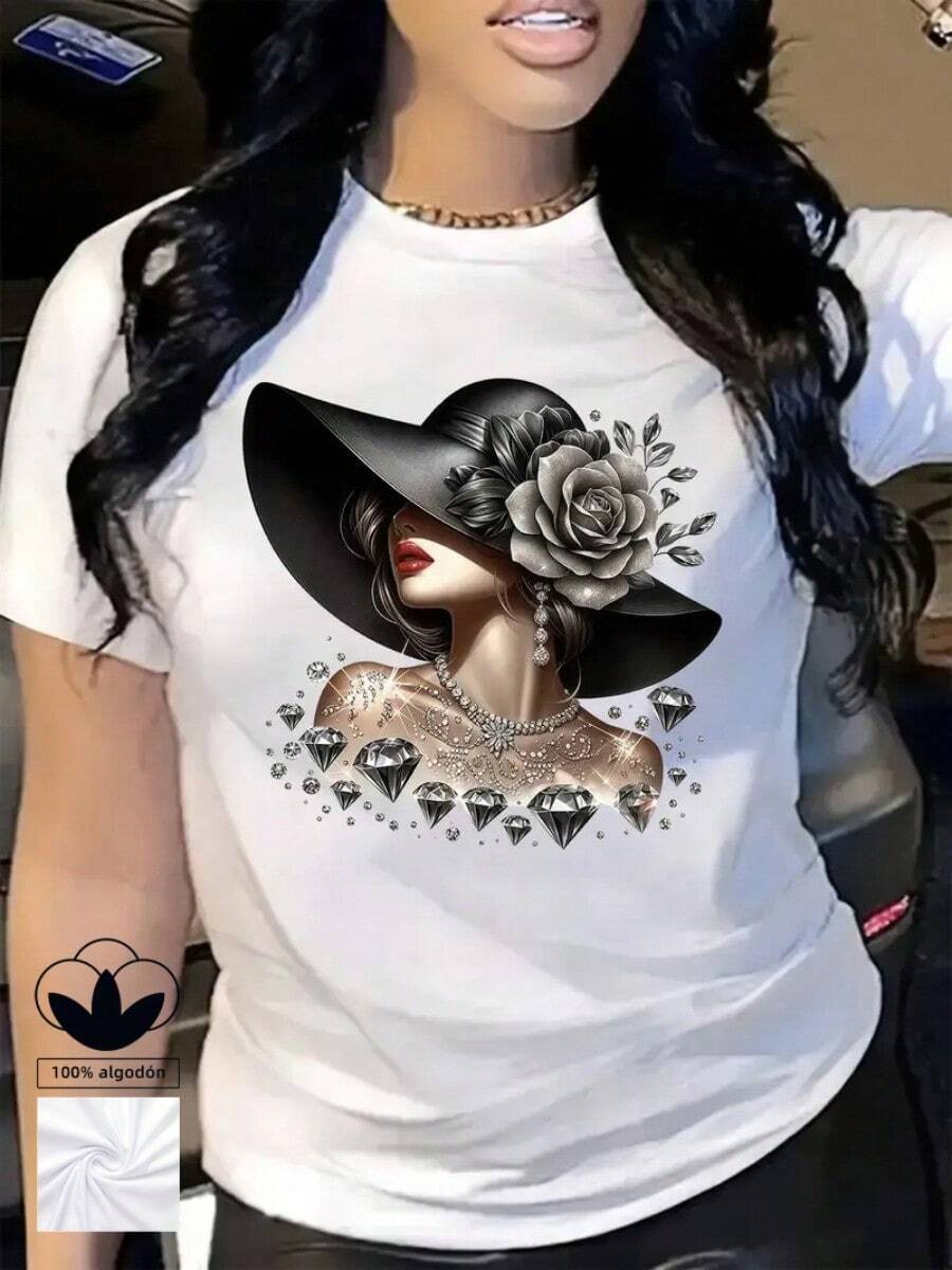 Camiseta de mujer blanca 100% algodón con elegante estampado de mujer noble, camiseta casual y cómoda de manga corta con cuello redondo, ropa de primavera y verano, adecuada para cualquier ocasión, color sólido, casual, uso diario. - Blanco - Ver 1