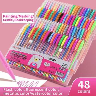 1pc Colorful Glitter Pen Set, 48/24/18/12 Colors Luminous Shiny Liquid Quicksand Highlighter Pens, Suitable For Bullet Journaling, Creative DIY, Student Drawing, Vibrant Marker Pens