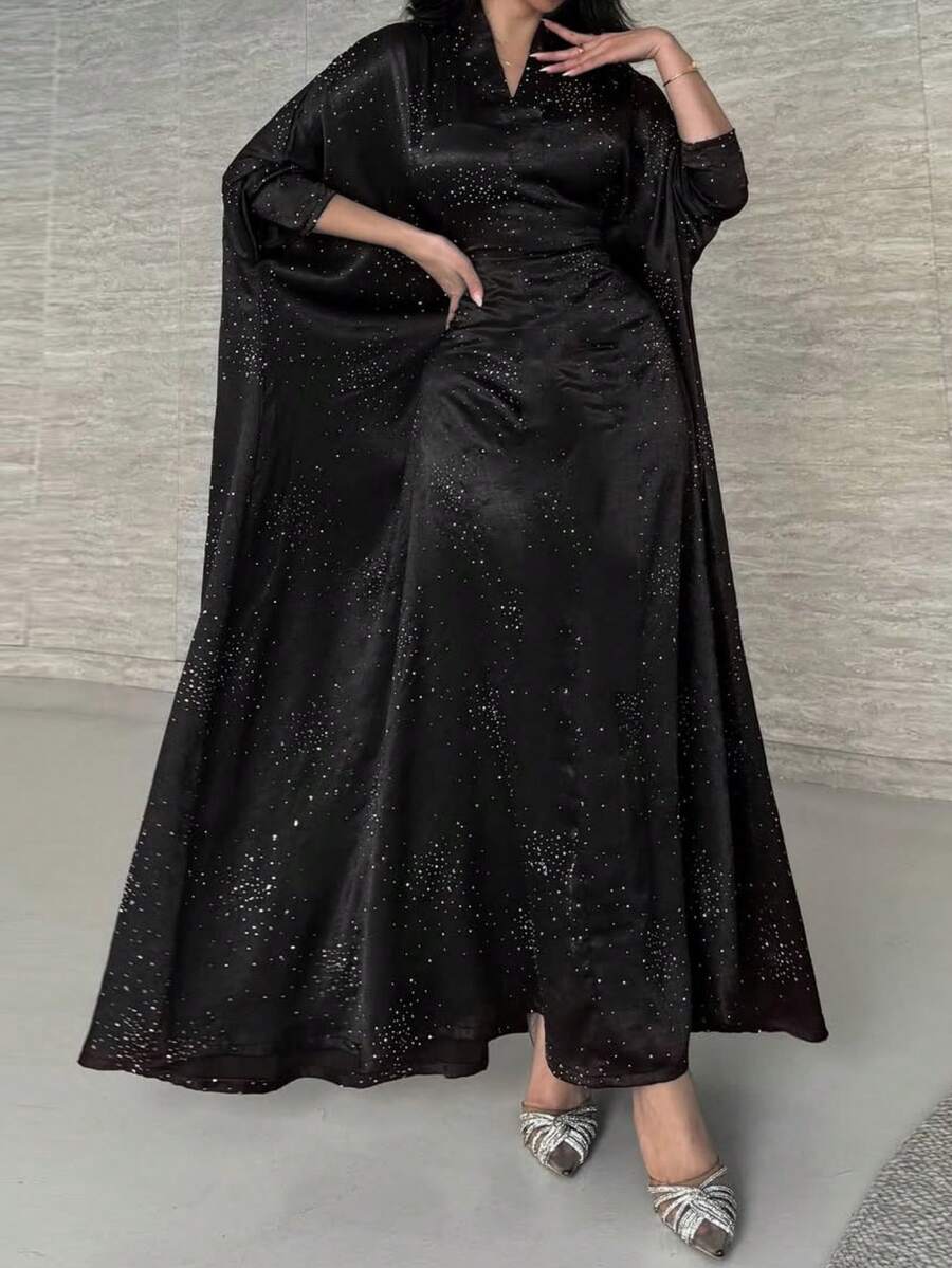 New Middle Eastern Women's Fashion Abaya With Rhinestone Decor, Pullover Long Robe (Random Rhinestone) - màu đen - Xem 1