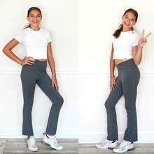 Girls Flare Leggings With Pockets, Crossover High Waist Bell Bottom Yoga Pants For Dance & Everyday Wear - Pink - View 4