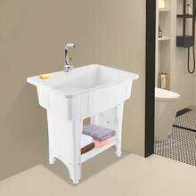 Freestanding Plastic Laundry Sink With Washboard, Indoor And Outdoor Utility Sink With Cold And Hot Water Faucet, Hoses And Drain Kit For Laundry Room, Garage, Basement, Garden - White - View 7