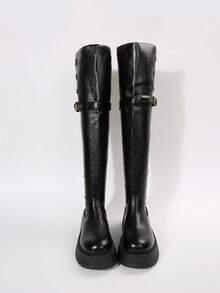 2025 Autumn/Winter New Petite Thick Leg Tall Boots, Thick Sole + Buckle Design High Shaft Boots For Women - Black - View 4