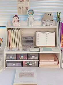 1pc Double Layer Raised Desk Storage Rack, Countertop Cosmetic Stationery Book Organizer For Dorm Office Suitable For Home Storage, Office Desk Home Storage, Halloween And Christmas Gift Desktop Storage - White - View 6