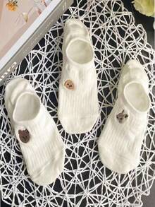 5對白色卡通動物刺繡透氣不露邊防滑船型襪