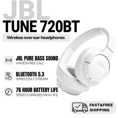  Tune 720BT - 无线包耳式耳机，配备 JBL 纯低音音效、蓝牙 5.3、长达 76 小时的电池续航时间和快速充电、轻巧、舒适、可折叠设计（白色）