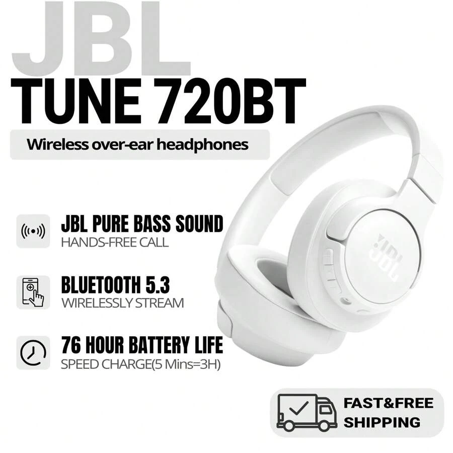Tune 720BT - 无线包耳式耳机，配备 JBL 纯低音音效、蓝牙 5.3、长达 76 小时的电池续航时间和快速充电、轻巧、舒适、可折叠设计（白色）
