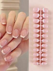 24pcs Short Square Shape Nail Tips With Minimalist Color Block & Fun Print Designs, Including 1pc Nail File & 1pc Jelly Glue Press On Nails Nail Supplies - Màu Hồng baby - Xem 2