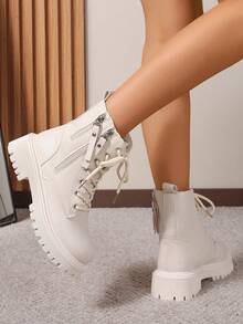 2026 Autumn/Winter New Women Shoes, Warm Winter Boots, Fashion Versatile Casual Women Shoes, Leather Ankle Boots, Black & White Short Boots With Lace-Up & Side Zipper, Flat Women Boots, Women Ankle Boots & Short Boots, Fashionable Women Boots