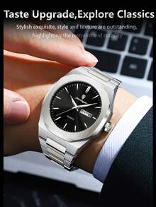 POEDAGAR 男士商务日期星期不锈钢石英表，时尚防水夜光男士腕表，休闲男士腕表，适合日常佩戴，节日男士礼物