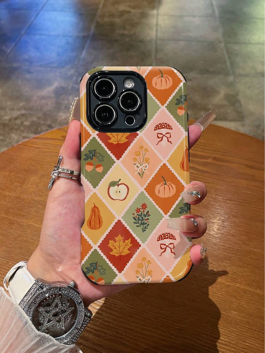 1pc Personalized Pumpkin Plaid Pattern Shockproof Anti-Slip Soft TPU + PC Hybrid Material Phone Case Compatible With IPhone 11/12/13/14/15/16/16 Plus/16 Pro/16 Pro Max - Multicolor - View 1