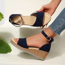 Womens Comfortable Open Toe Wedge Sandals Ankle Strap Heels Dressy Summer Platform - Navy Blue - View 4