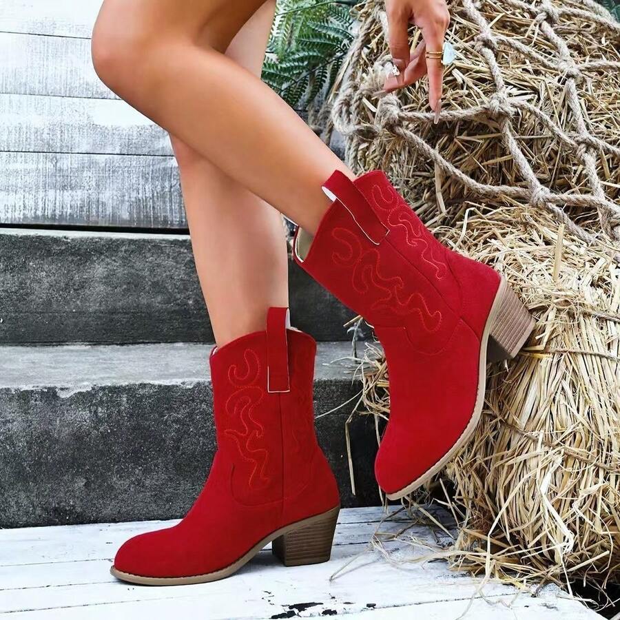 Women's Pointed Toe Mid-Calf Boots, Western Style Embroidery Thick Heel Boots,Women's Mid Calf Cowgirl Boots Cowboy Boots Pointed Toe Fashion Slip-On Chunky Heel Embroidery Stitched Western Boots - Màu Đỏ Sâu - Xem 1