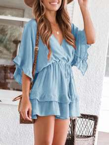 Saodimallsu Womens Ruffle Layered V Neck Beach Romper Drawstring Waisted Shorts Jumpsuit - Màu xanh lam - Xem 1