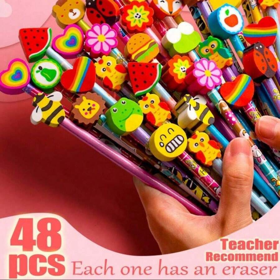 40/30/20/10pcs,Cartoon HB Pencils With Cute Erasers, School Supplies Set, Including Matching Cartoon Pencils With Cute Erasers, Suitable For Returning Students, Return To School Gift Set, Return To School Supplies (10/20/40) [Eraser Pen Holder Color Pattern Random] 1 Pencil Sharpener Comes With Random Color