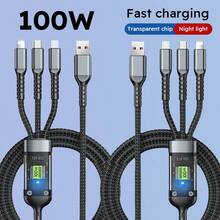 High-Speed 100W 3-In-1 Fast Charge Cable, Nylon Round USB Universal For Phone USB-C, Micro USB, Lightning Male-To-Male Data Sync & Charging Cord Compatible With IPhone, Android, Camera, MP3 Universal Adapter Charger Fast Charging - Black - View 2