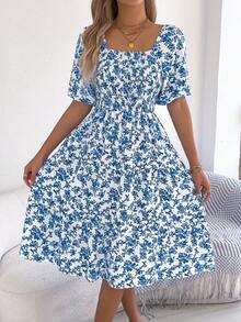 Summer Blue Floral Off Shoulder Midi Dress For Women, Smocked Puff Sleeve A Line Casual Vacation Dress - 藍色 - 查看 3