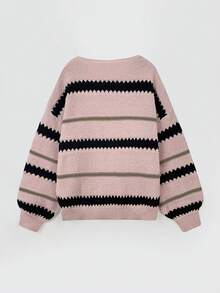 女士休闲条纹落肩宽松套头毛衣 - 彩色 - 查看 5