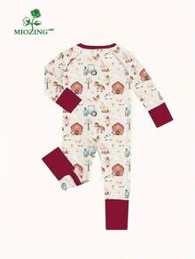 MIOZING Farm Animal Print Baby Romper Children Clothing, Bamboo Fiber Fabric,Infant Footed Jumpsuit,Toddler Outfit,Zipper Closure Cute Farmhouse Animals,Cow,Horse,Sheep,Pig,Chicken,Windmill Print,Barnyard Graphics,Cozy,Unisex Baby Apparel - 酒紅色 - 查看 3