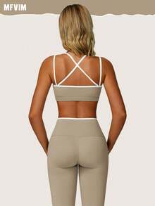 MFVIM Women's Linen Contrast Color Bra And Yoga Pants Set - White Trim Cute Backless | Tight And Breathable, Suitable For Yoga, Fitness And Outdoor Sports - Light Grey - View 3