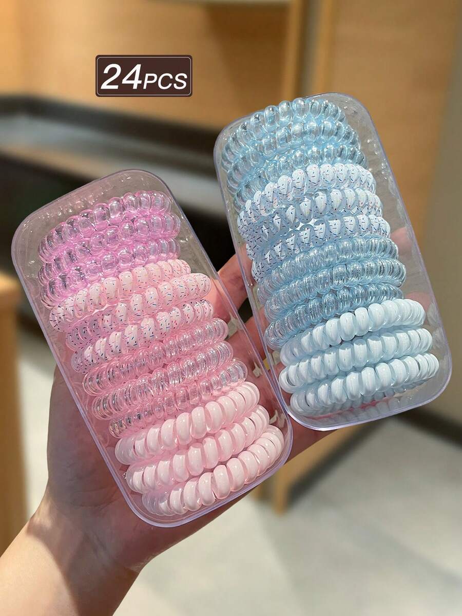 24个装女士多色螺旋发圈，高弹力发圈，甜美可爱风格，发饰，适合日常休闲和户外活动，可用作学习用品、发饰、女士配饰、发绳马尾辫头饰橡皮筋