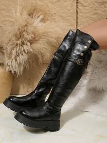 2025 Autumn/Winter New Petite Thick Leg Tall Boots, Thick Sole + Buckle Design High Shaft Boots For Women - Black - View 7