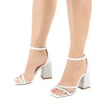 Women's Sandals, Block Heel, Rhinestone, Shiny, Straps, Billiards, Party, Wedding - White - View 2