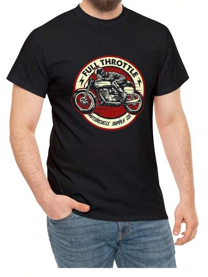 Camiseta de algodón gráfica Full Throttle para hombres - Camiseta negra casual de manga corta con cuello redondo y diseño de motocicleta, suave y transpirable para verano, primavera y otoño, ropa de exterior| Ropa de calle casual| Material Elástico, Camiseta de Motocross