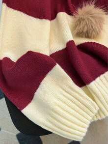 休闲条纹连帽毛绒球套头衫，百搭宽松版型，秋冬 - 酒紅色 - 查看 7