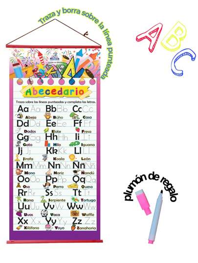 Cartel con plumón borrable educativo para niños didáctico, lámina plastificada traza y borra, póster educativo niños abecedario, números, multiplicaciones y más