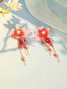 2个中国风石榴花流苏发夹，可爱甜美，女士礼物，适合日常休闲佩戴，发夹，发爪，发卡，发卡，发饰，女士度假装扮，头部配饰，发卡，夏季，假日，旅行，节日，生日 - 粉紅色 - 查看 3