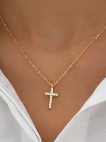 1 Pc Women's Fashion Cross Personalized Pendant Diamond Necklace, Gold-Plated Cross Item, Simple And Elegant Chain, Ideal Gift For Daily Wear, Weddings, Engagement Parties, Halloween