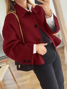 这款复古优雅的女士夹克采用欧美风格和宽松版型法式设计，时尚休闲，是一款百搭的女士长袖单排扣羊毛短外套 - 紅色 - 查看 9