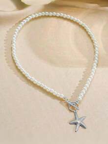 1 pieza Collar con colgante de estrella de mar de acero inoxidable con cierre de T, diseño de perla falsa, adecuado para mujeres en verano y viajes (no incluye caja de joyería) - estrella de mar - Ver 10