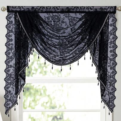 Fashionable Black Wavy Lace Curtain - Floral Jacquard Short Curtain, Suitable For Kitchen And Living Room Decor, Semi-Sheer Polyester Material With Rod Pocket Design